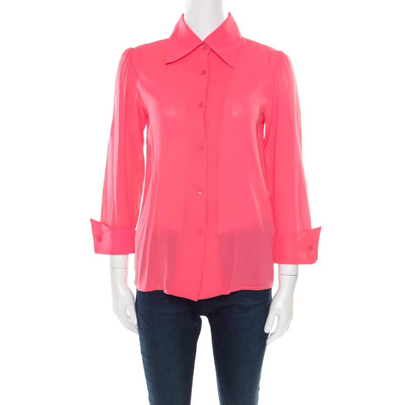 Pre Owned Alice + Olivia Neon Pink Silk Long Sleeve Shirt XS