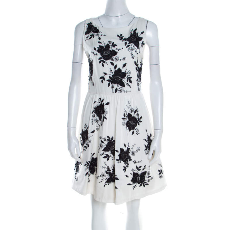 Pre Owned Alice + Olivia Monochrome Floral Sequined Silk  Sleeveless Lillyanne Dress M