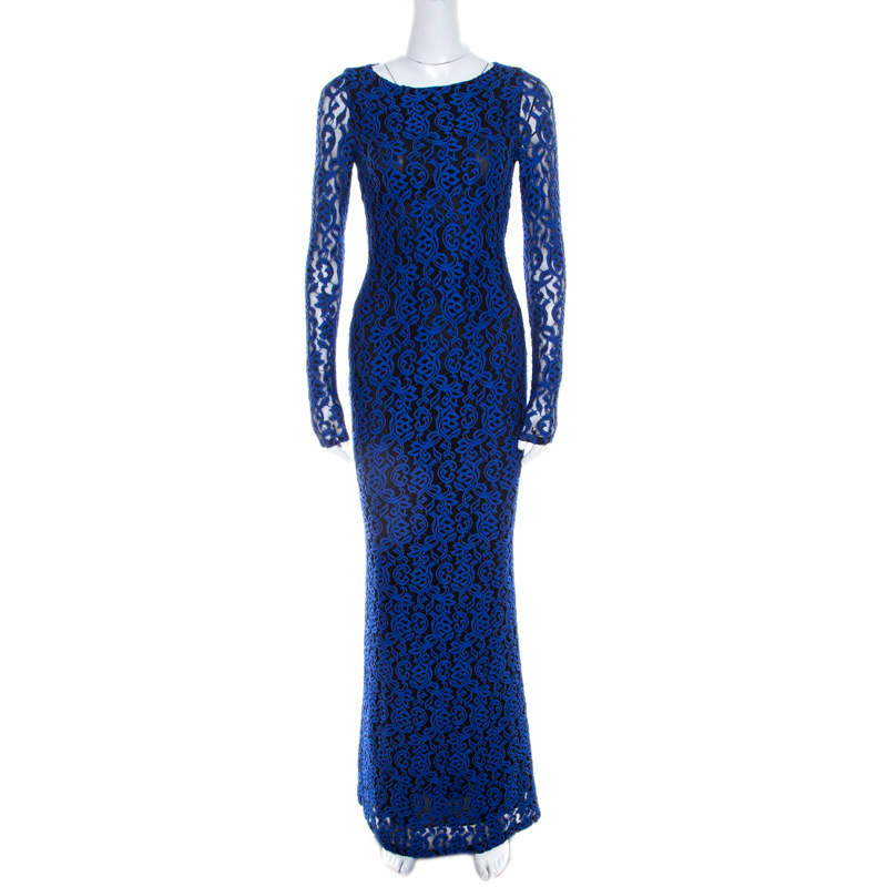 Alice + Olivia Cobalt Blue Lace Long Sleeve Flared Maryanna Maxi Dress XS