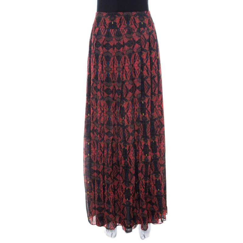 Pre Owned Alice + Olivia Red Romantic Butterfly Print Chiffon Pleated Maxi Skirt S