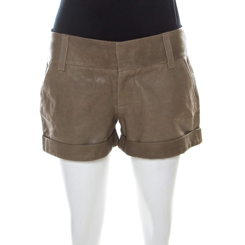 Pre Owned Alice + Olivia Taupe Green Leather Cuffed Shorts S