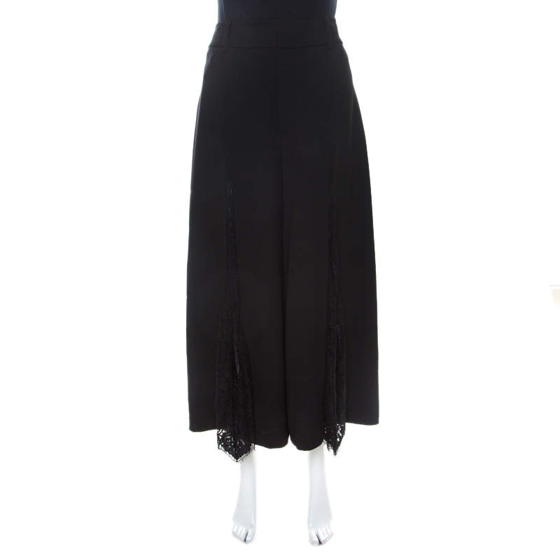 Alice + Olivia Black Crepe Lace Insert Onell Pleat Trousers M 