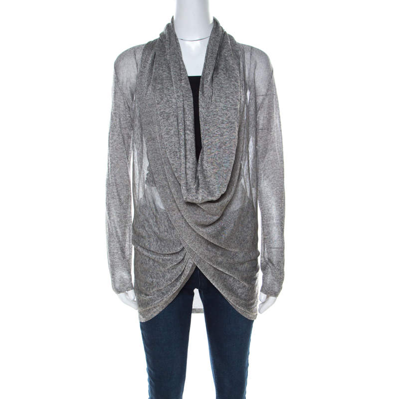 Alice + Olivia Grey Light Knit Wrap Front Draped Cardigan M 