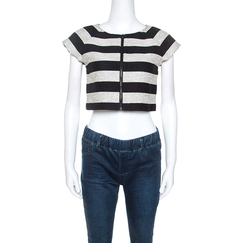 Pre Owned Alice + Olivia Bicolor Striped Knit Lurex Detail Amy Crop Top S