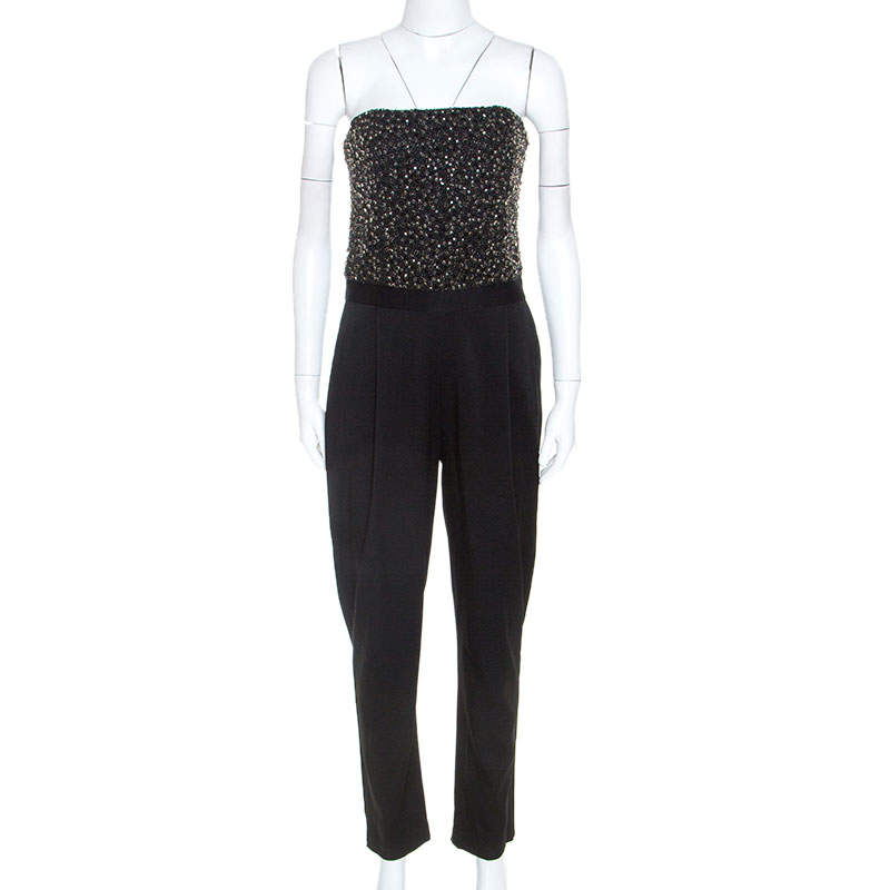 Alice + Olivia Black Silk Beaded Strapless Jumpsuit M