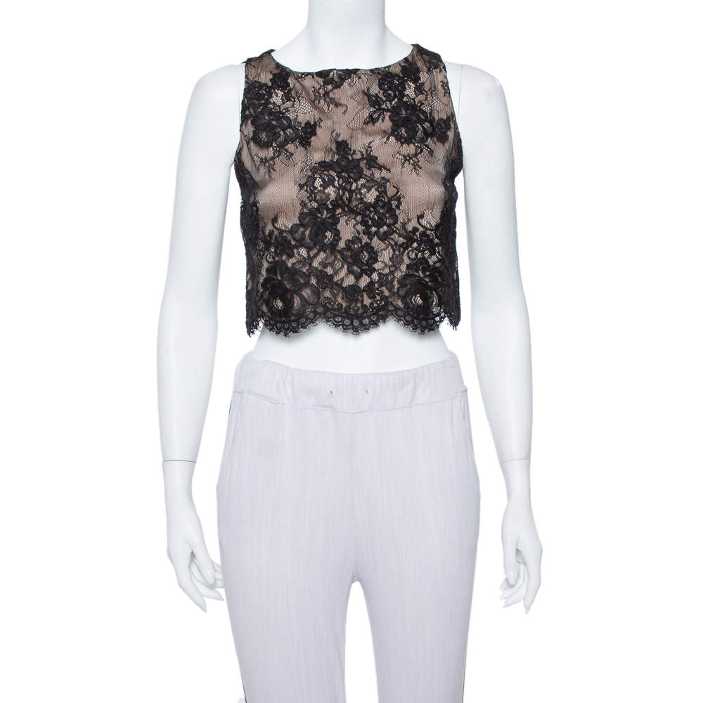 Pre Owned Alice + Olivia Black Scallop Lace Overlay Sleeveless Cropped Top XS
