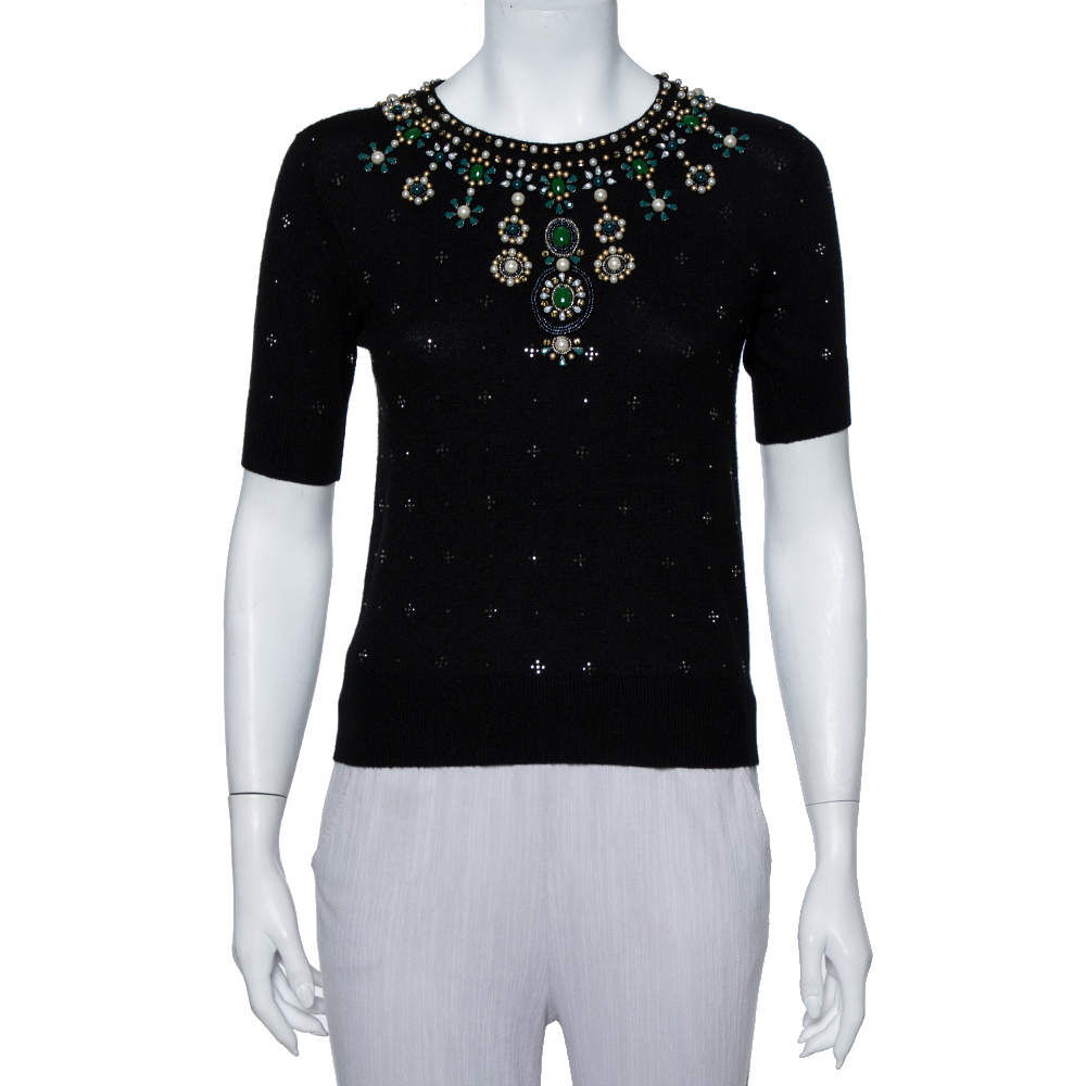Pre Owned Alice + Olivia Black Wool Embellished Detail Rosi Top XS
