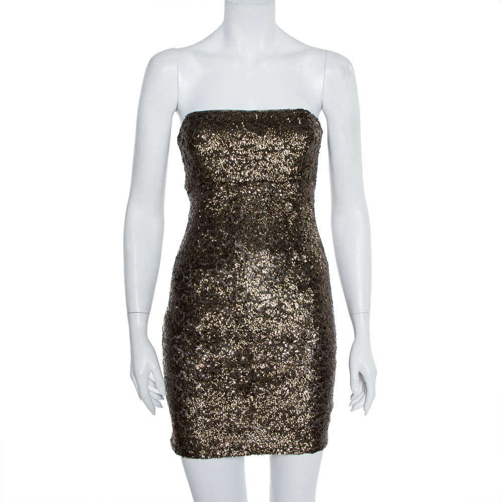 Pre Owned Alice + Olivia Gold Sequin Embellished Strapless Mini Dress S