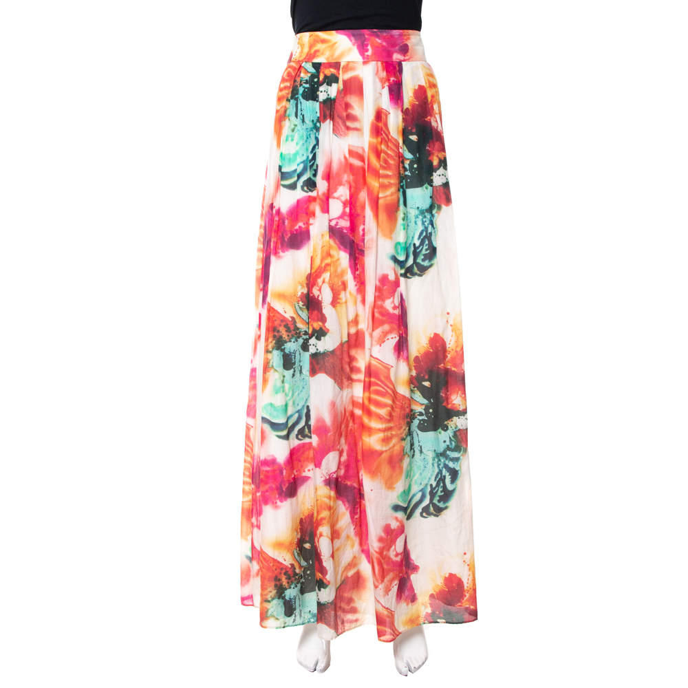 Pre Owned Alice + Olivia Multicolor Cotton & Silk Pleated Gemna Maxi Skirt M