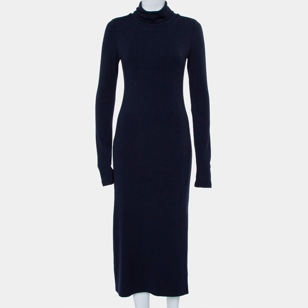 Pre Owned Alice + Olivia Navy Blue Knit Turtle Neck Long Sleeve Slit Detail Maxi Dress M