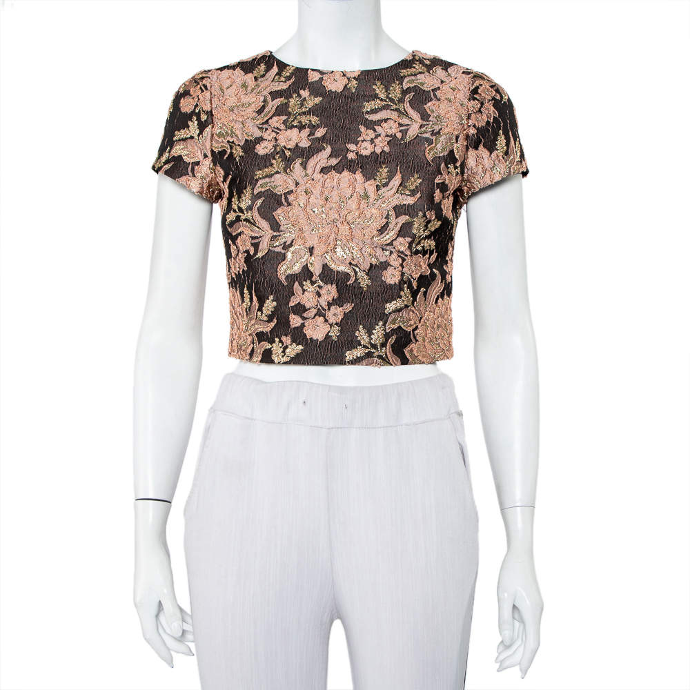 Pre Owned Alice + Olivia Brown Lurex Floral Jacquard Top S
