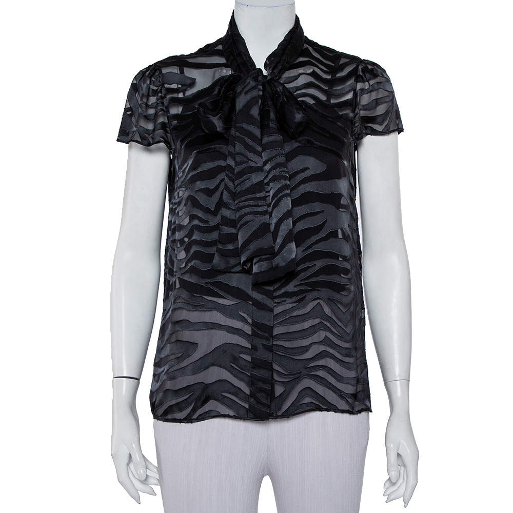 Pre Owned Alice + Olivia Black Burnout Silk Neck Tie Detail Button Front Shirt L