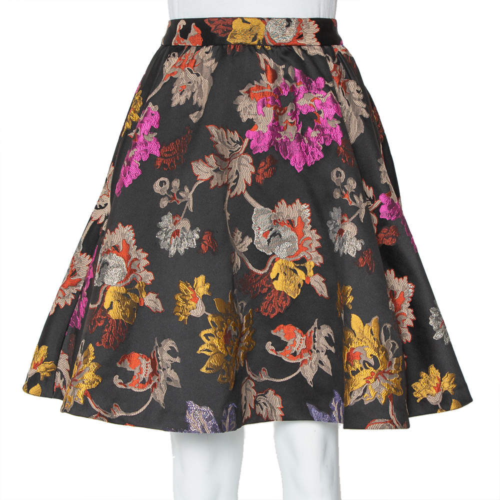 Pre Owned Alice + Olivia Black Brocade High Waist Flared Earla Skirt S