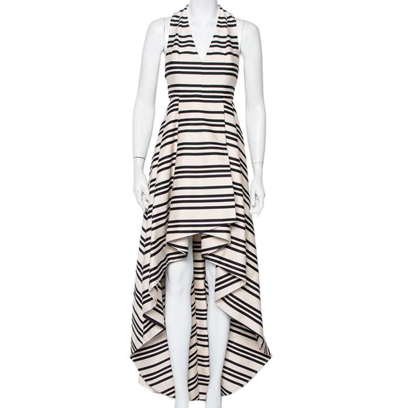 Pre Owned Alice + Olivia Beige & Black Striped Cotton Pleated High Low Hem Aveena Gown S