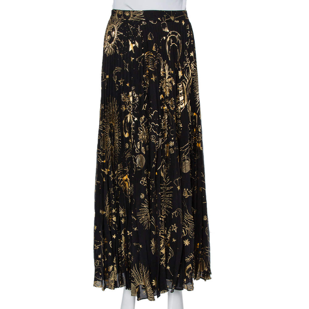 Pre Owned Alice + Olivia Black Metallic Sun Printed Plisse Maxi Skirt S