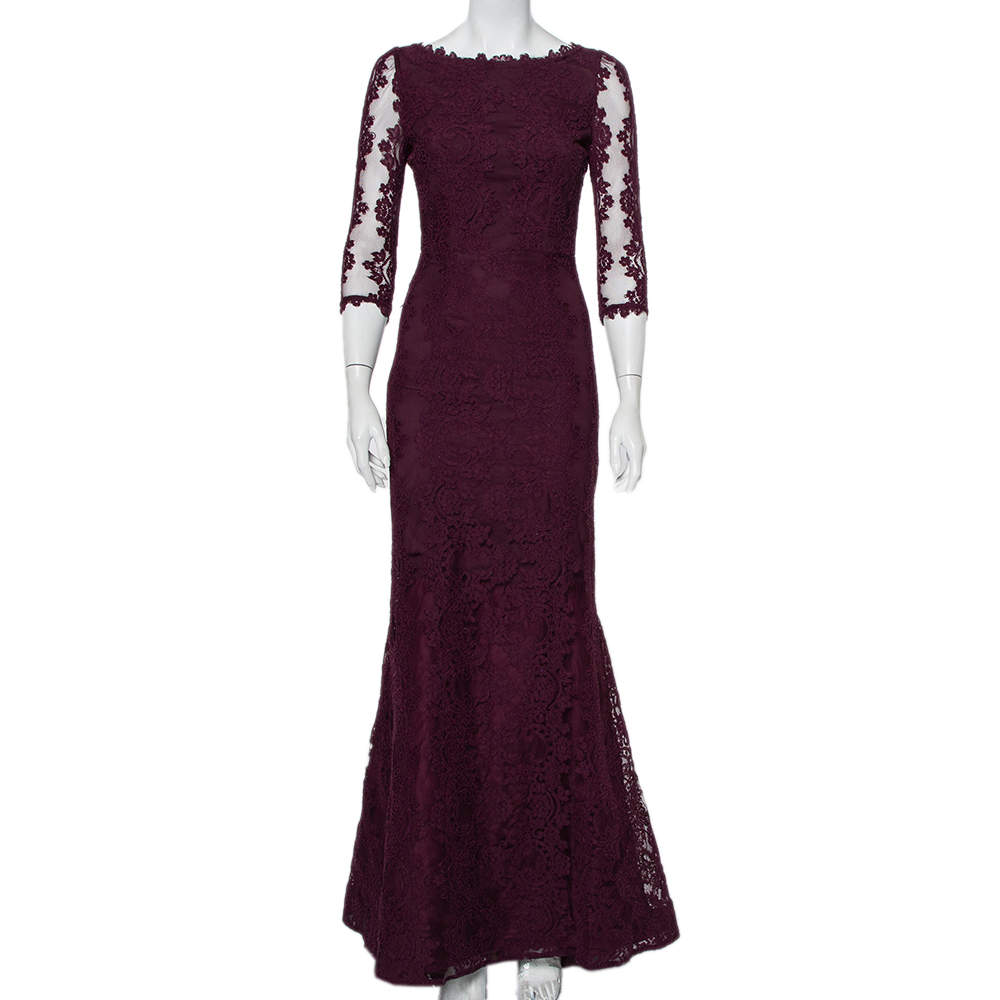 Pre Owned Alice + Olivia Purple Lace Open Back Fishtail Detail Gown S