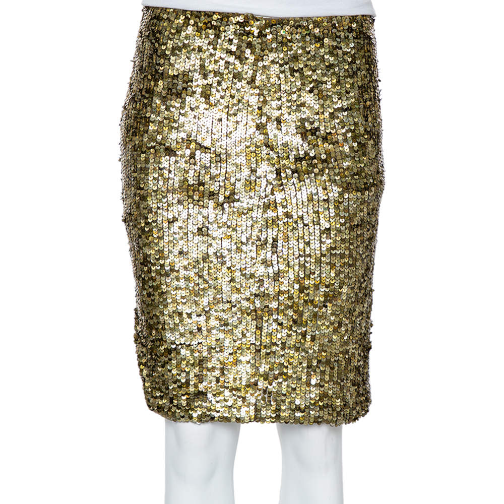 Pre Owned Alice + Olivia Olive Green Sequin Embellished Tulle Bryce Mini Skirt S