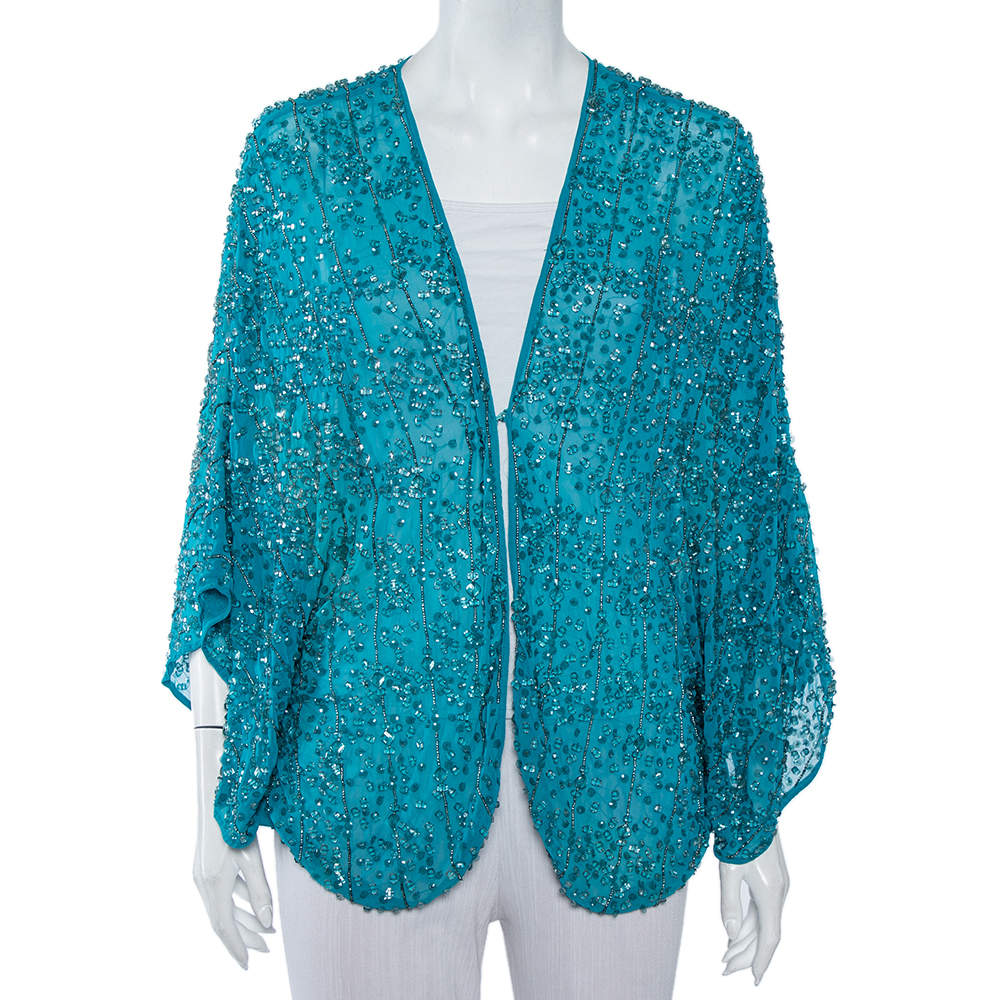 Alice + Olivia Blue Bead Embellished Chiffon Open Front Draped Shrug L