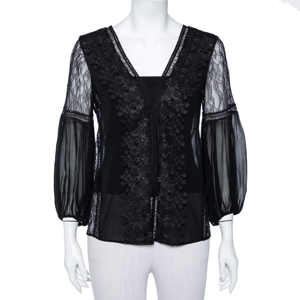 Pre Owned Alice + Olivia Black Lace & Chiffon  Floral Applique Detail Plunge Neck Top S