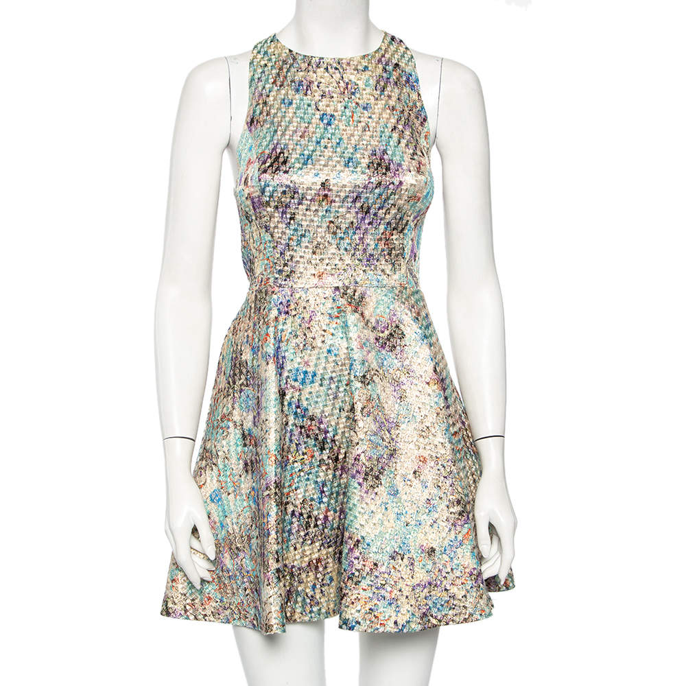 Pre Owned Alice + Olivia Metallic Jacquard Cutout Detail Mini Dress S