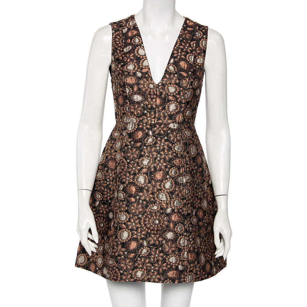 Pre Owned Alice + Olivia Metallic Floral Brocade Sleeveless Plunge Neck Mini Dress S