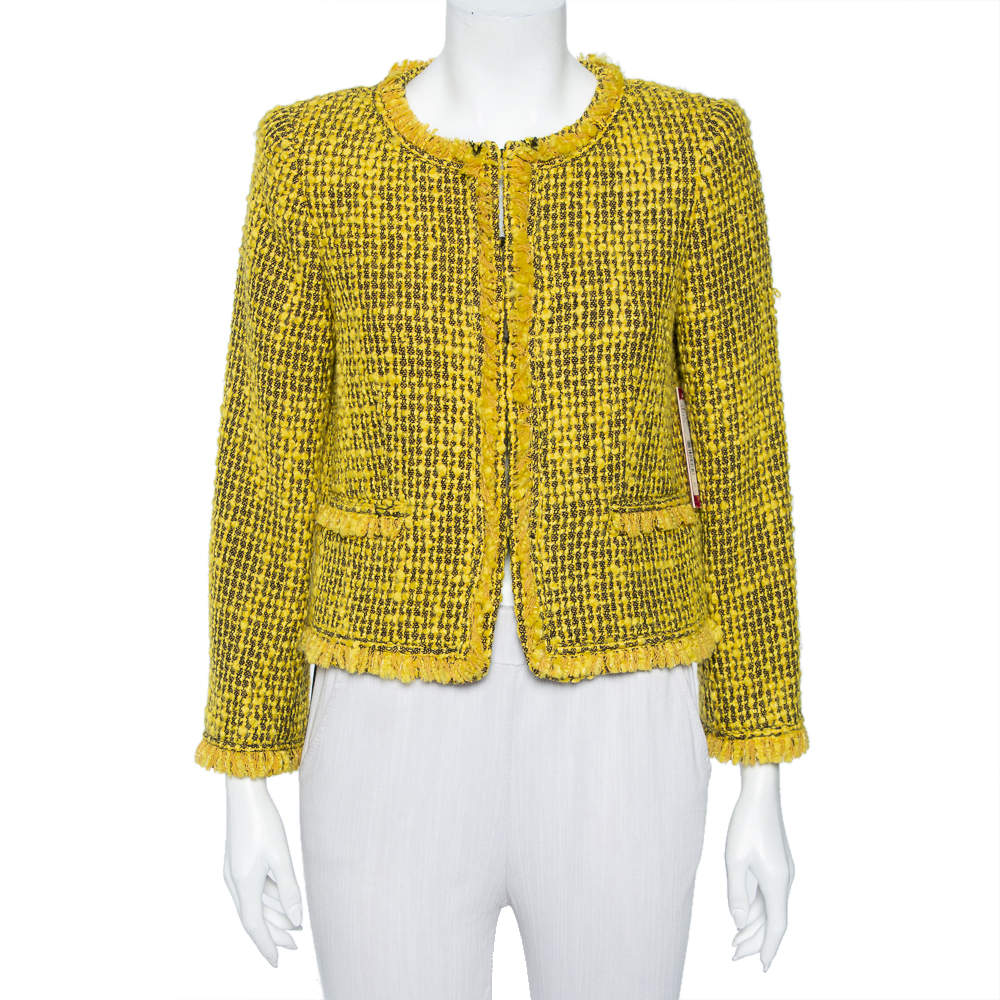 Alice + Olivia Yellow Tweed Hook Front Collarless Celeste Jacket M