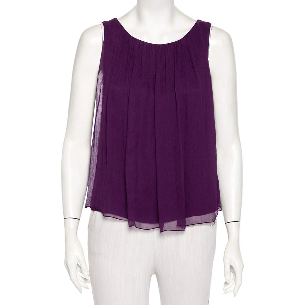 Pre Owned Alice + Olivia Purple Silk Chiffon Sleeveless Sheer Overlay Top M