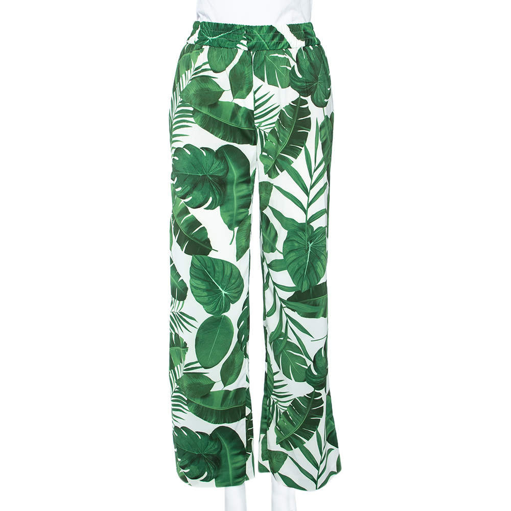 Pre Owned Alice + Olivia White Tropical Leaves Printed Georgette Benny Pants XS