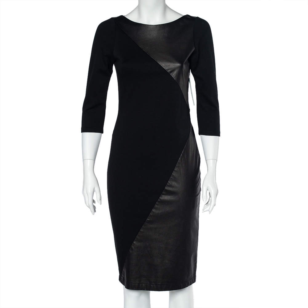 Pre Owned Alice + Olivia Black Jersey Leather Paneled Sheath Dress M
