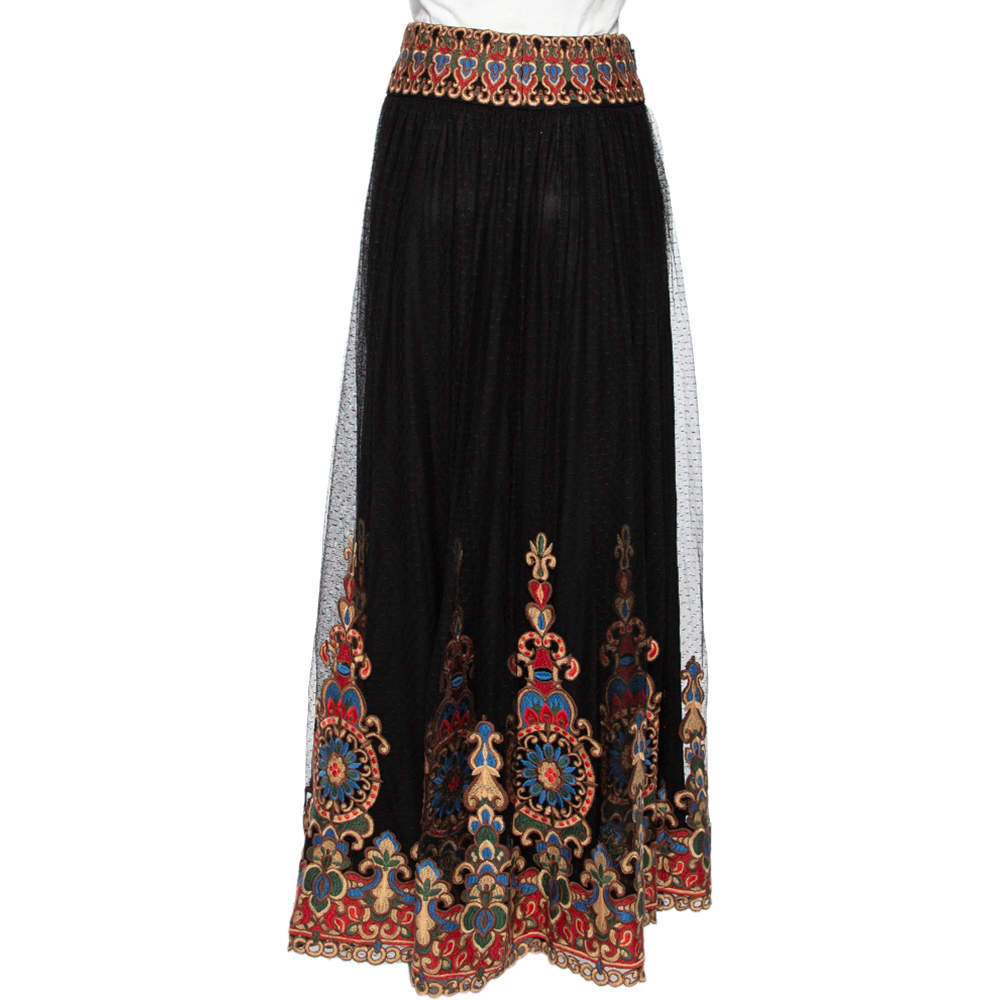 Pre Owned Alice + Olivia Black Embroidered Tulle Savanna Maxi Skirt S