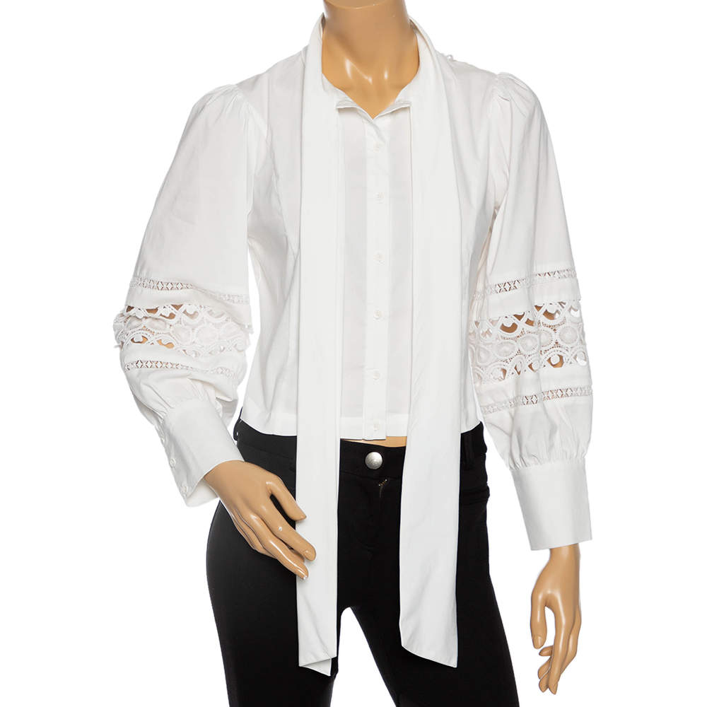 Pre Owned Alice + Olivia White Eyelet Cotton Neck-Tie Detailed Shirt S