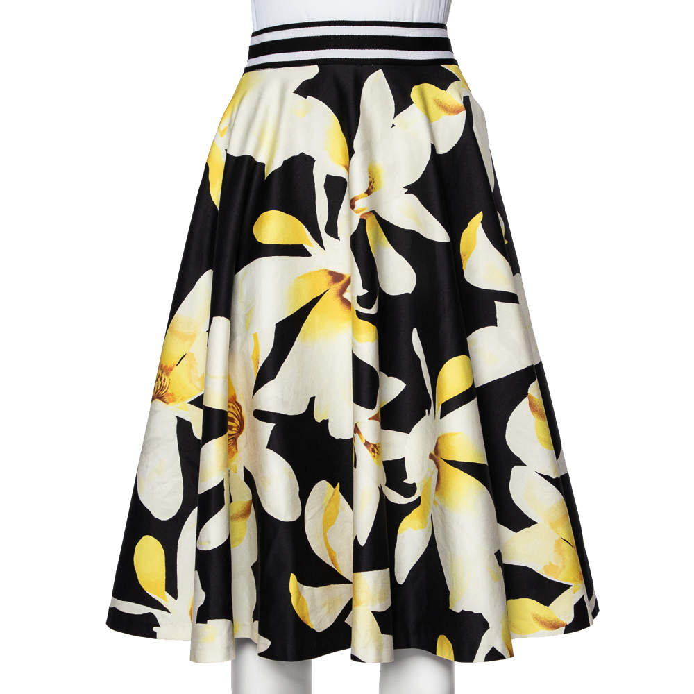 Alice + Olivia Black Magnolia Print Cotton Dianna Midi Skirt L