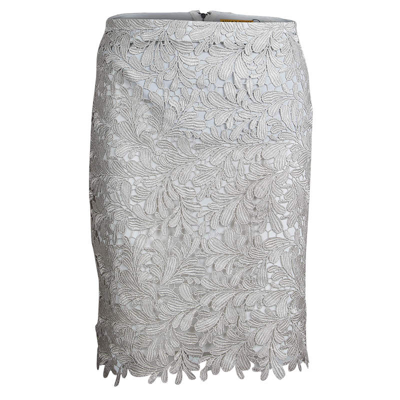 Pre Owned Alice + Olivia Silver Lace Overlay Skirt S