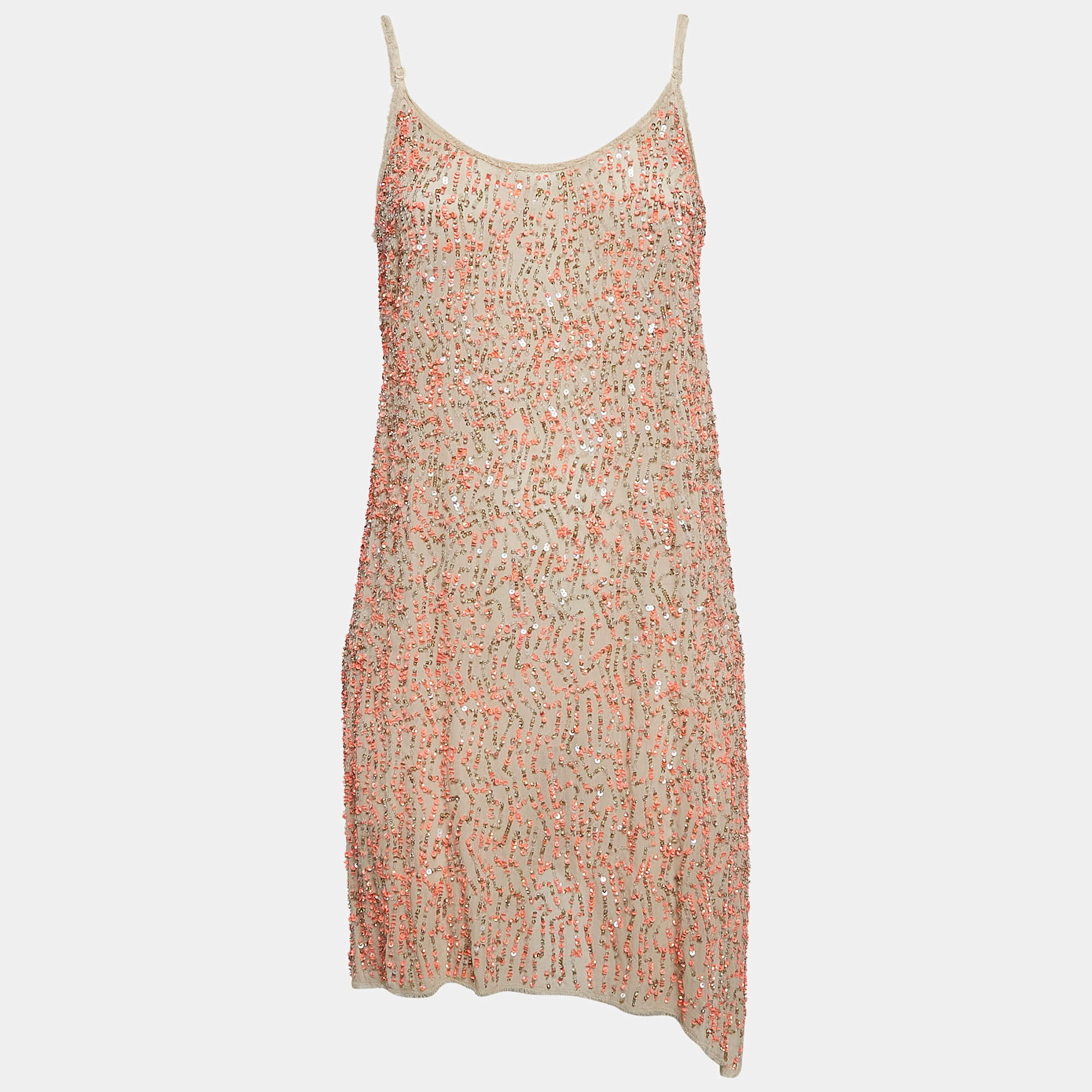 مملوكة مسبقًا AllSaints Beige Sequin Crepe Sleeveless Raw-Edge Mini Dress M