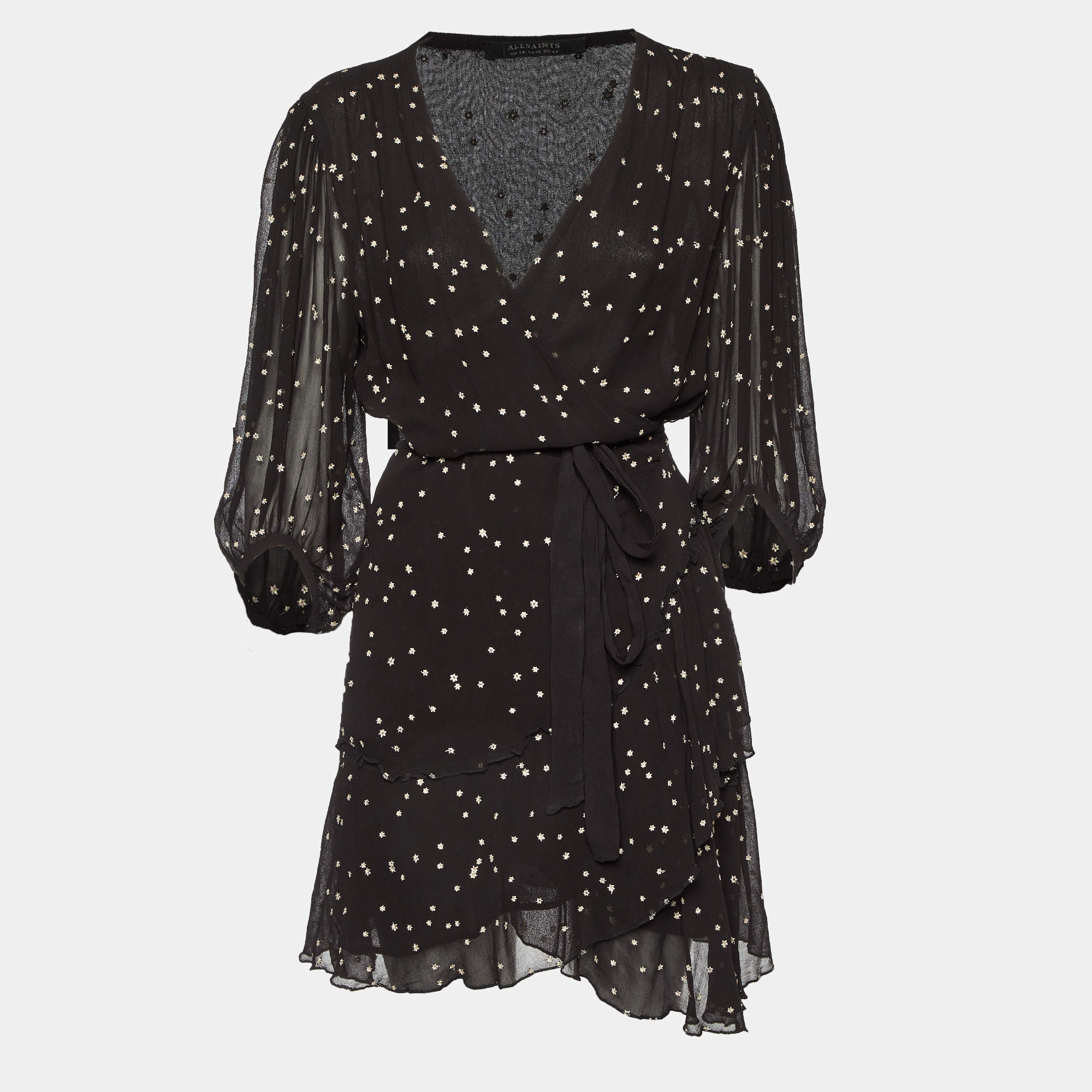 Pre Owned All Saints Black Star Embroidery Crepe  Mini Wrap Gracie Nala Dress L
