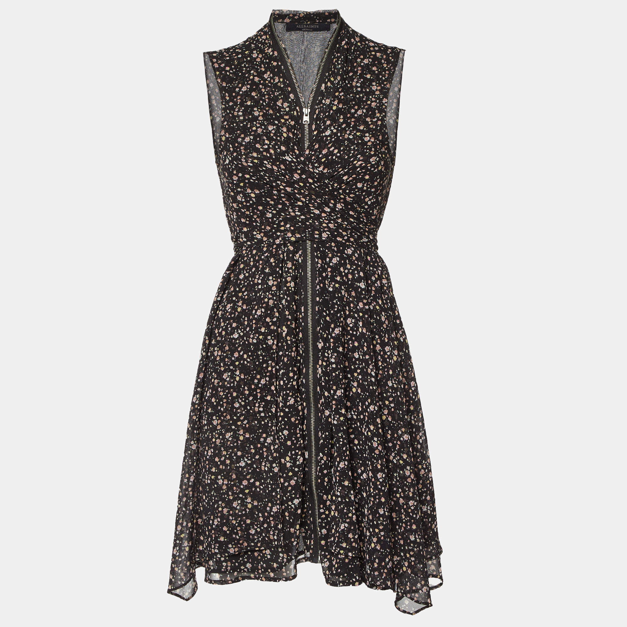 All Saints Black Floral Print Crepe Zip Detail Mini Jayda Pepper Dress M