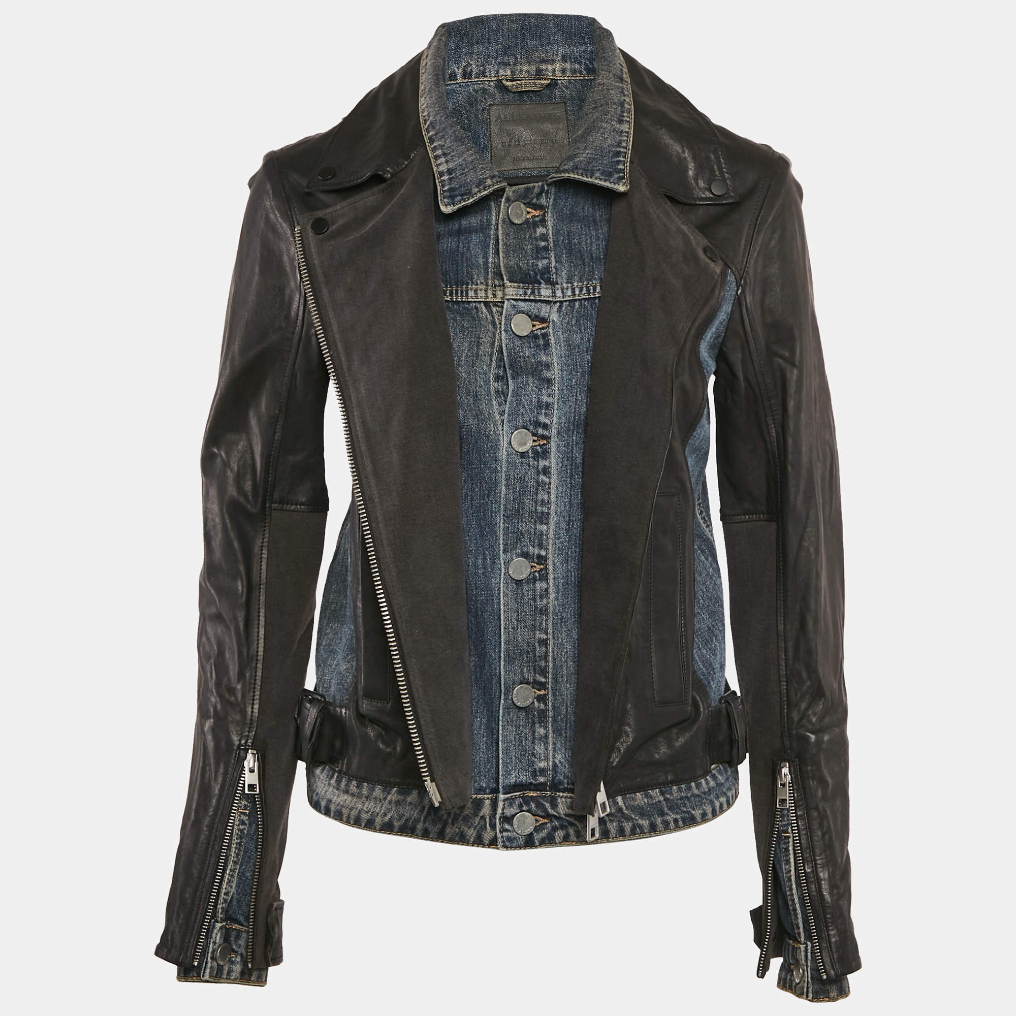 All Saints Denim and Leather Zip-Up Biker Jacket M