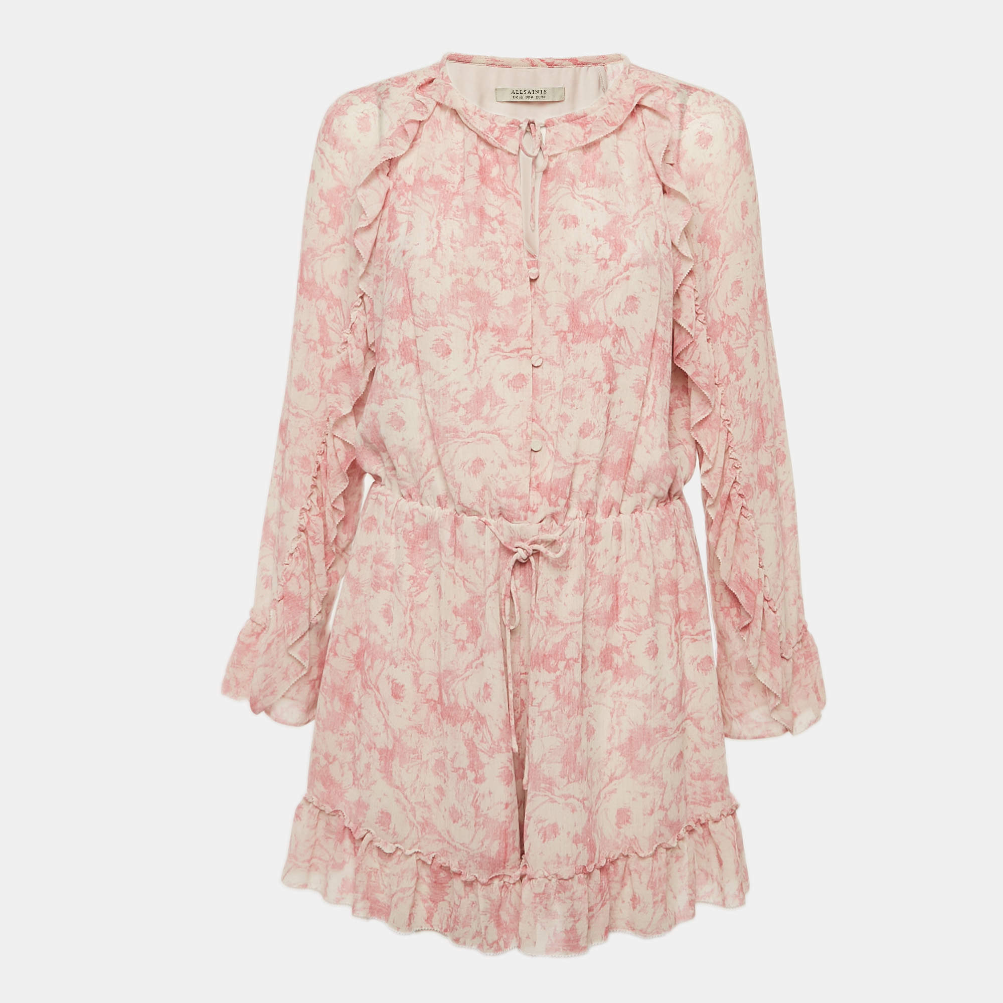 All Saints Pink Printed Crepe Ruffled Flora Rosa Playsuit M