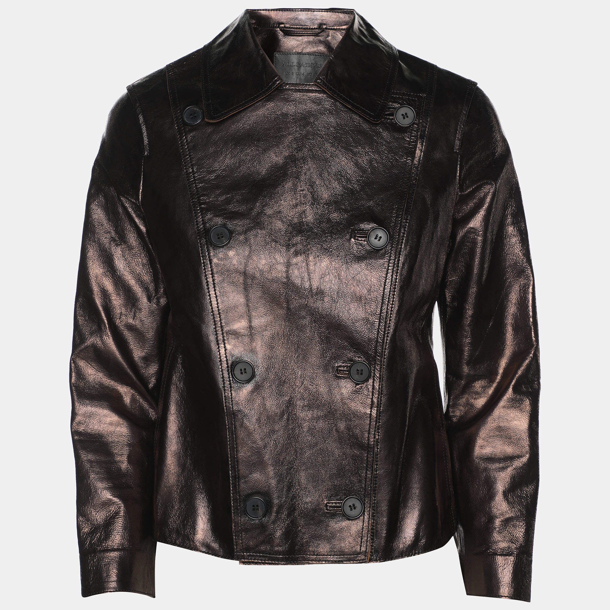All Saints Metallic Brown Leather Double Breasted Jacket S