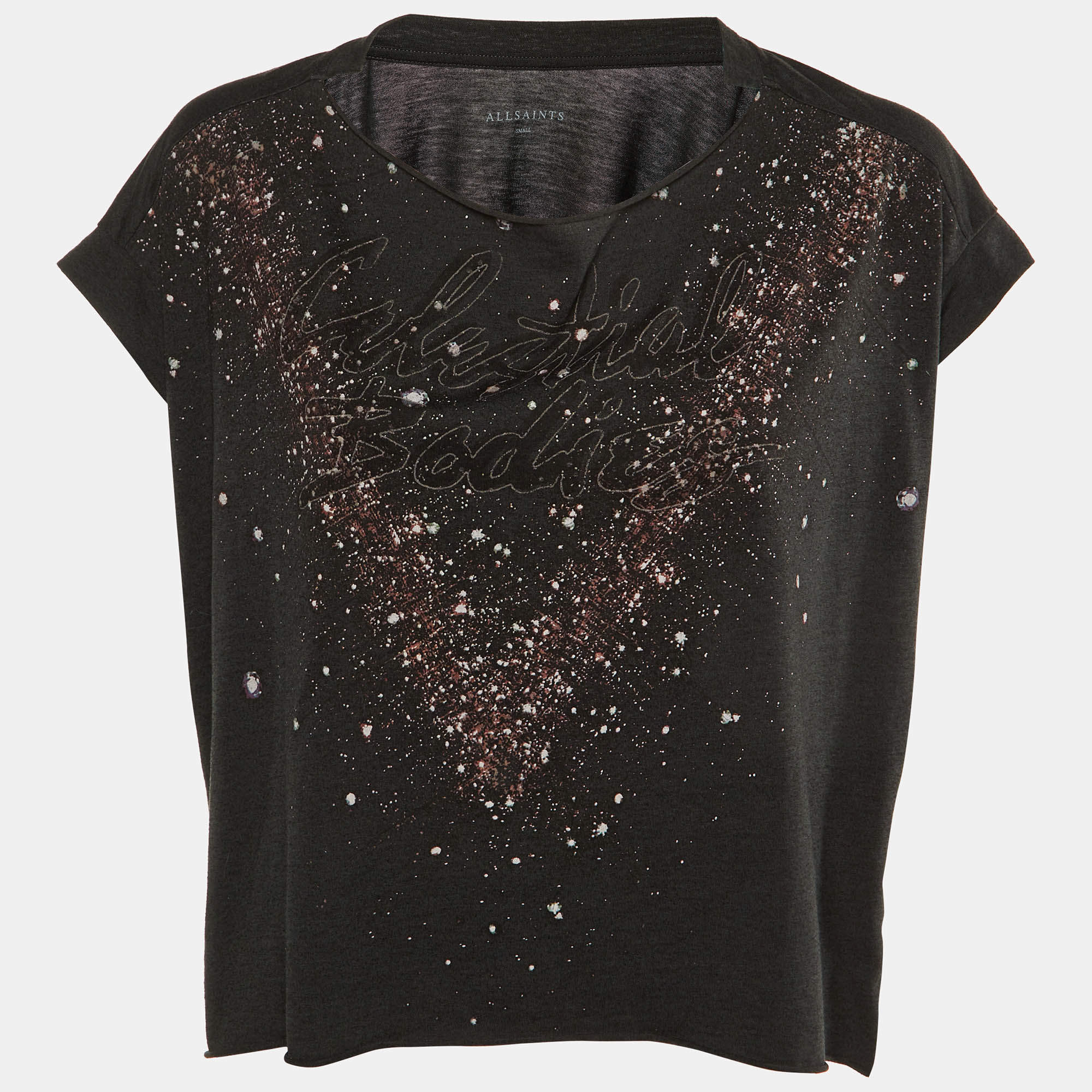 All Saints Black Celestial Print Jersey T-Shirt S