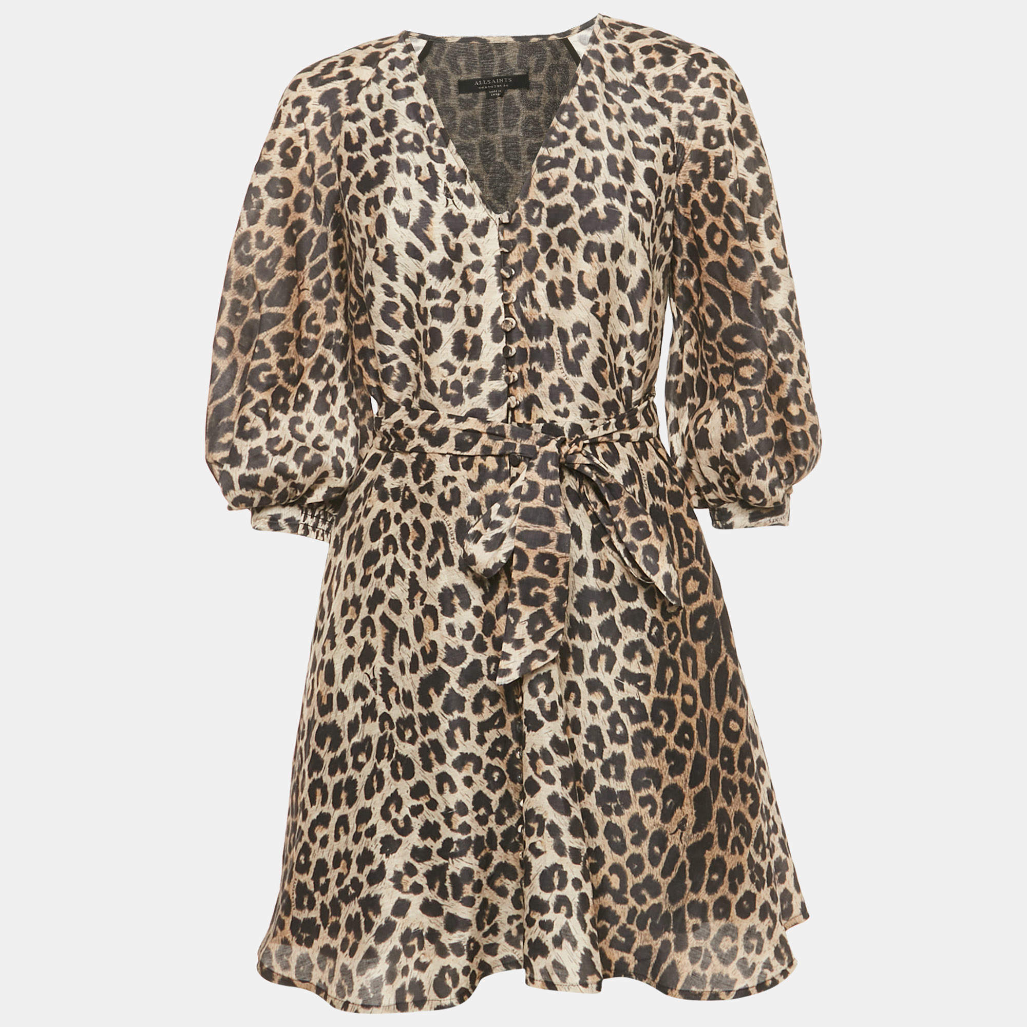 Pre Owned All Saints Brown Leopard Print Linen Ilora Mini Dress S