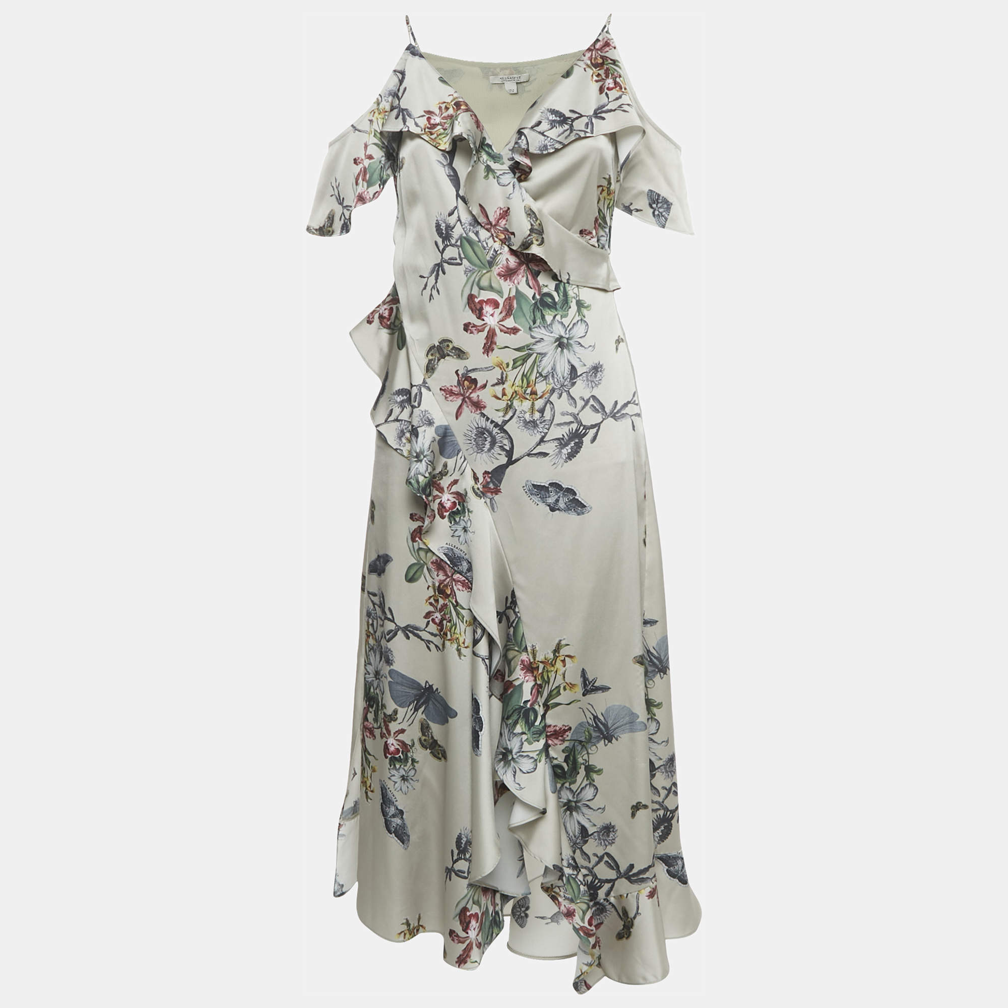 Pre Owned All Saints Sage Green Printed Satin Orion Sanibel Midi Dress M