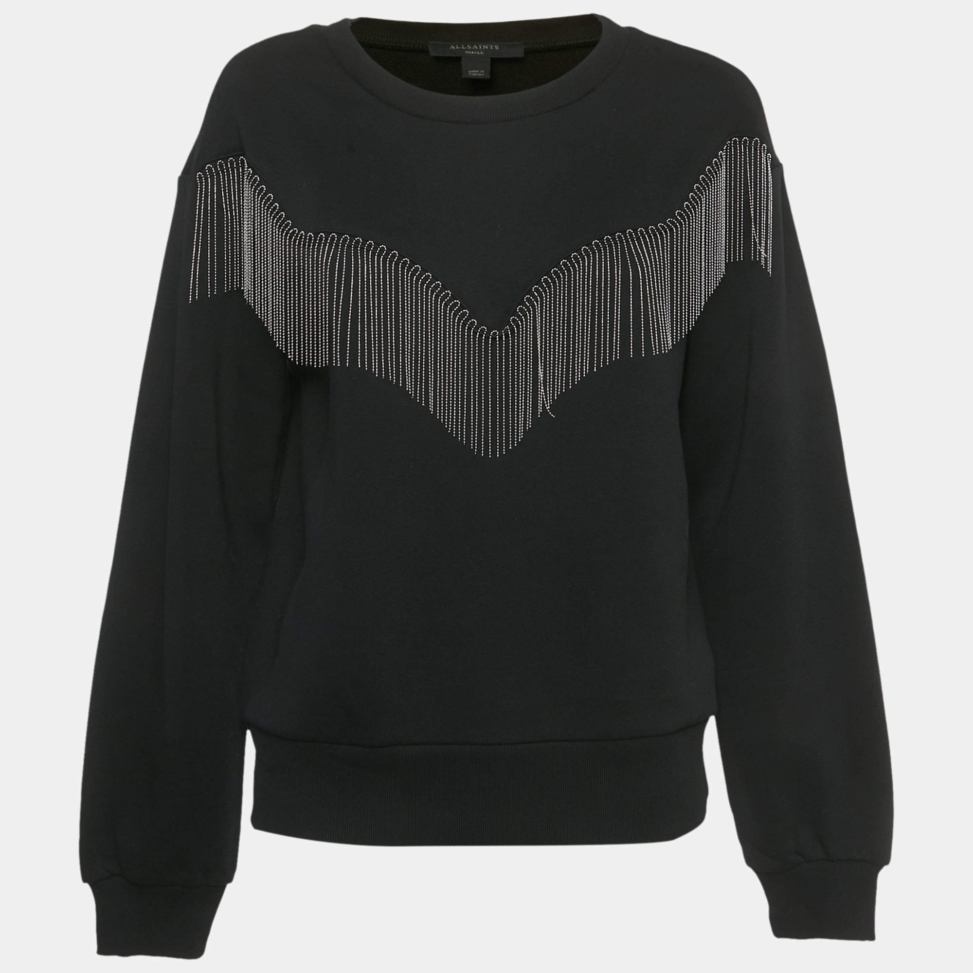 Pre Owned All Saints Black Cotton Embellished Trim Sweatshirt S