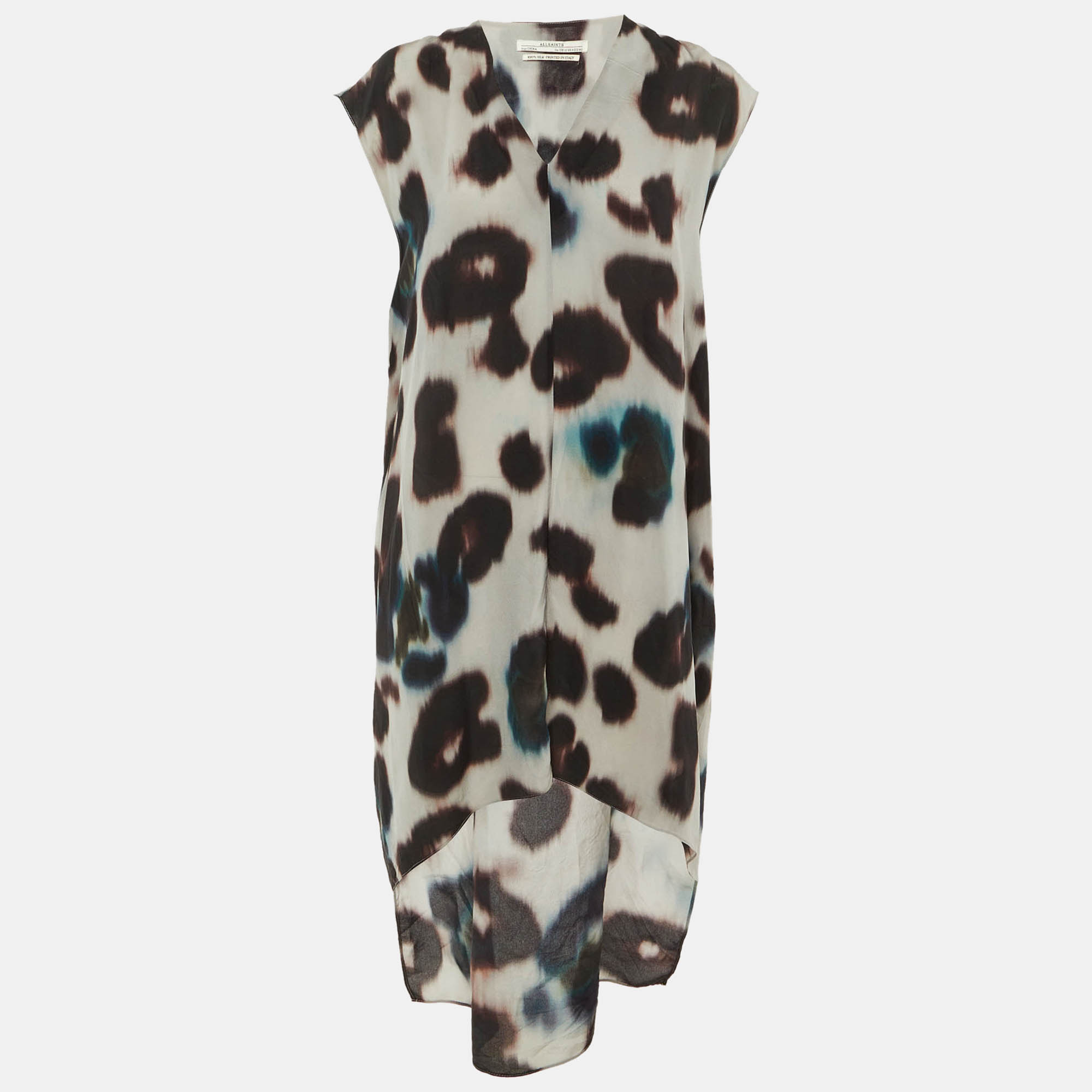 Pre Owned All Saints Grey Animal Printed Silk High-Low Hem Shift Dress M