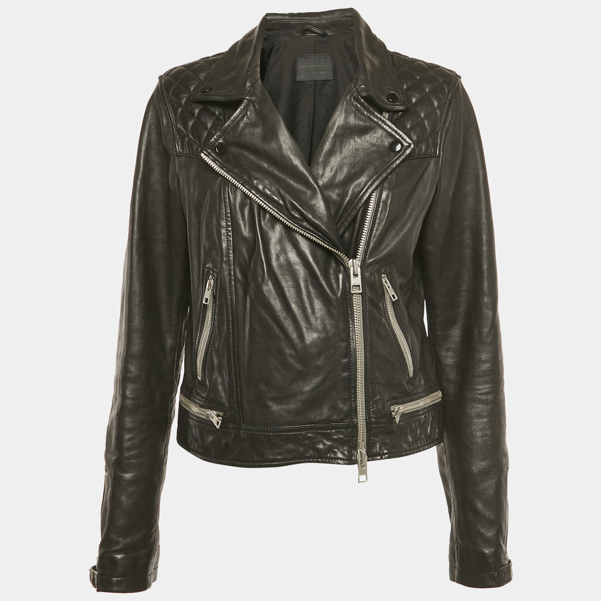 Pre Owned All Saints Black Leather Conroy Biker Jacket L