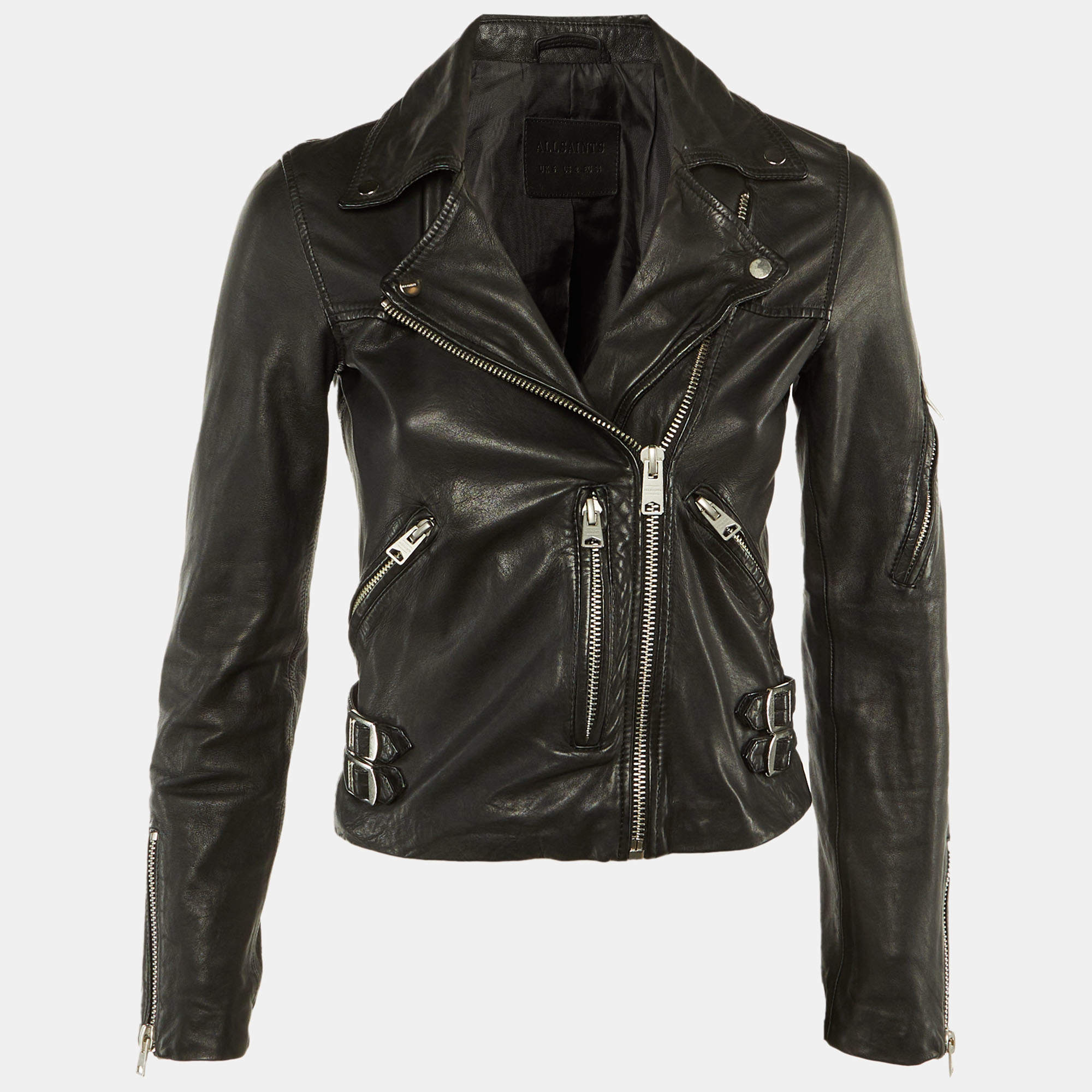Pre Owned All Saints Black Leather Prescott Biker Jacket S