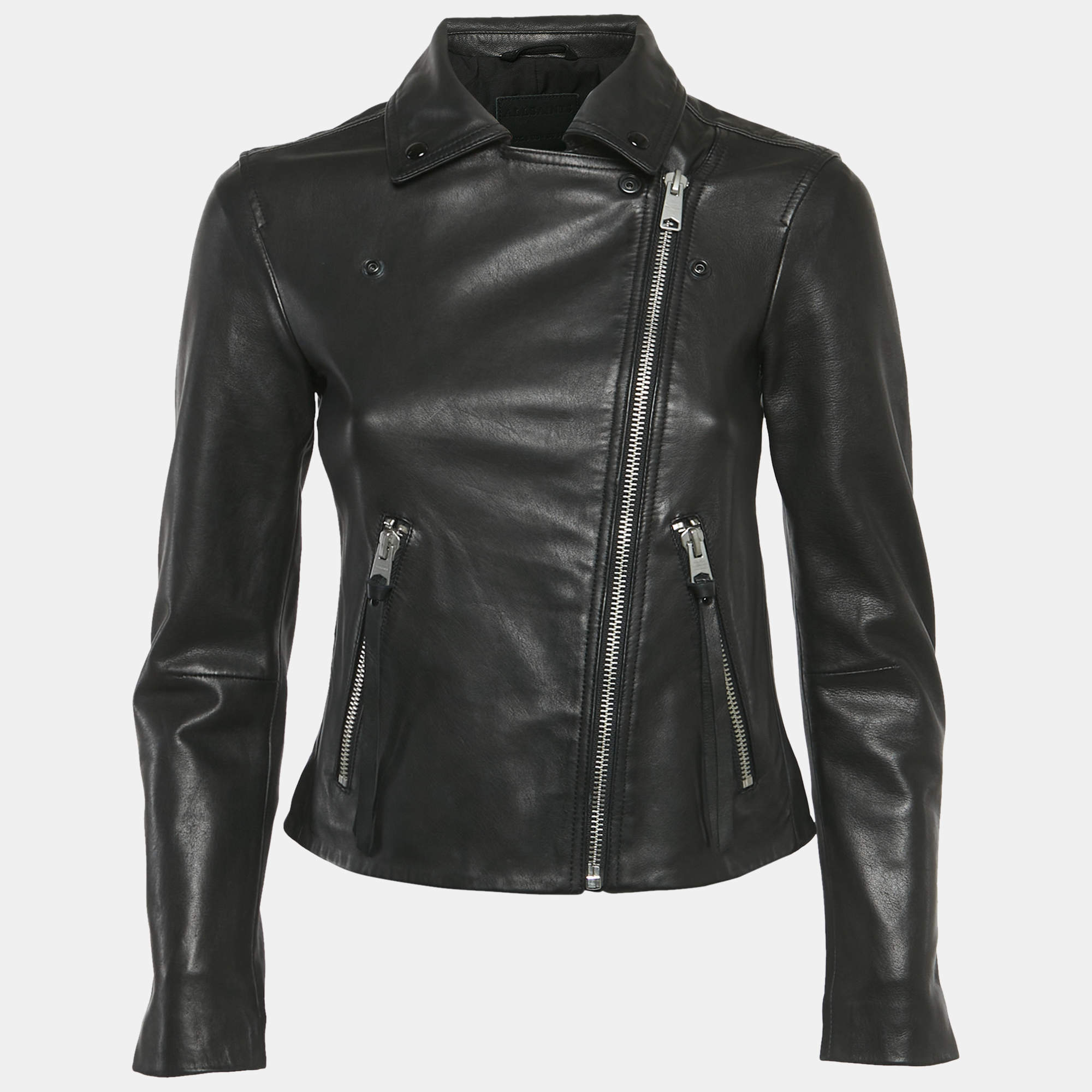 Pre Owned All Saints Black Leather Zip-Up Dalby Biker Jacket S