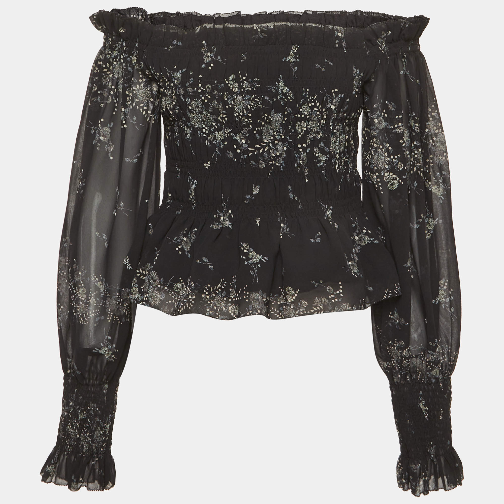 Pre Owned All Saints Black Floral Print Crepe off Shoulder Lara Initium Top M