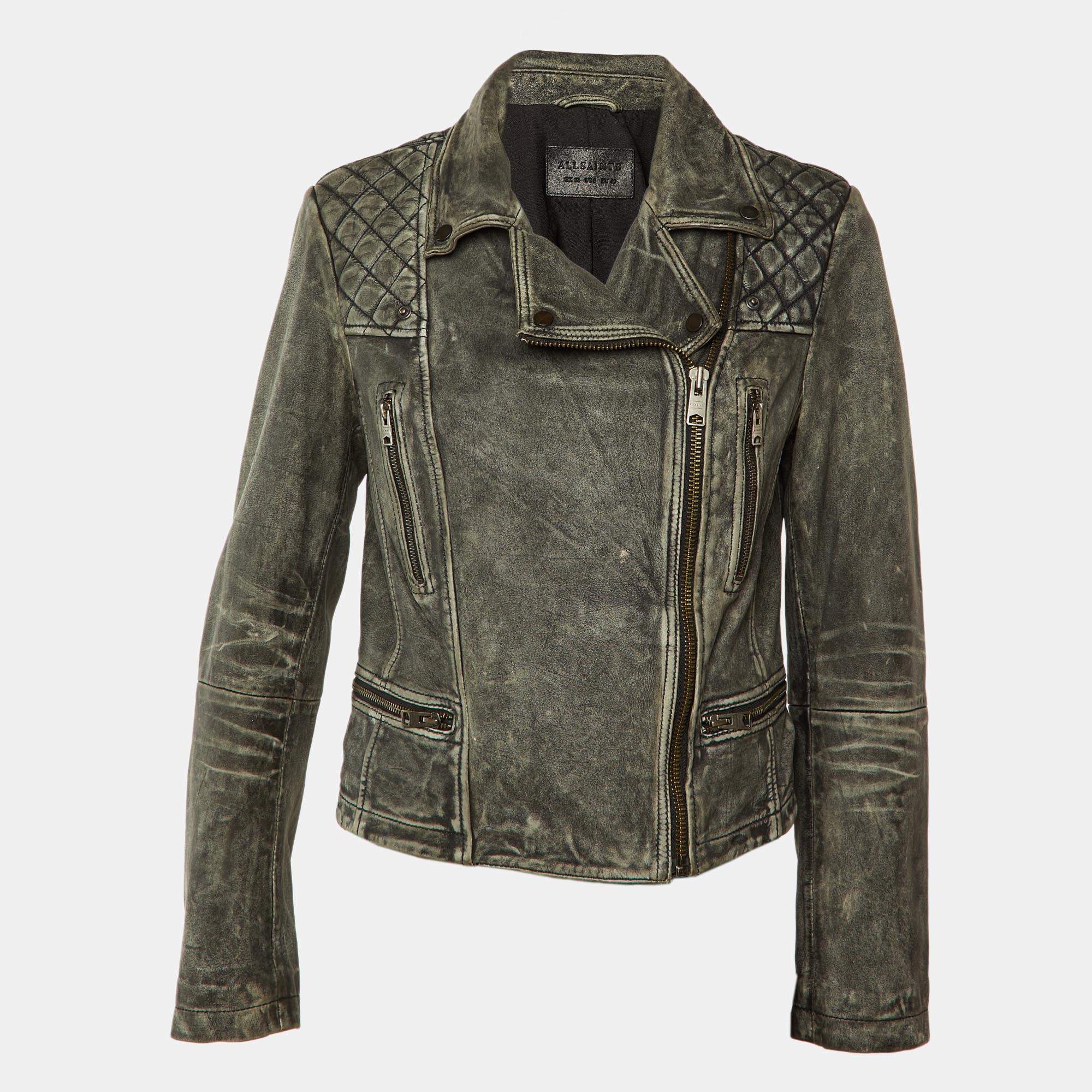 Pre Owned جاكيت All Saints جلد رمادي كلاسيكي بنمط كارغو بايكر مقاس وسط (ميديوم)