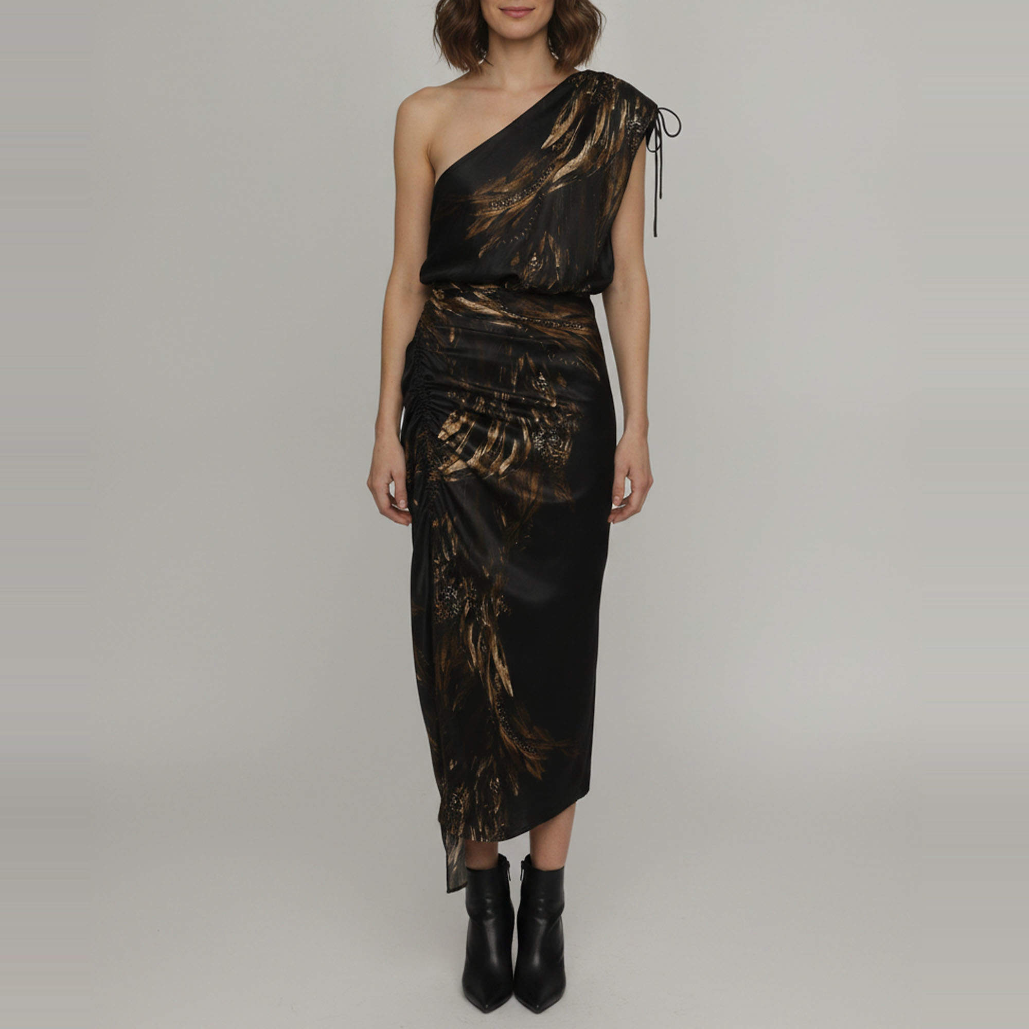 Pre Owned AllSaints Brown Abstract Printed Satin Laura Ines One Shoulder Midi Dress XL
